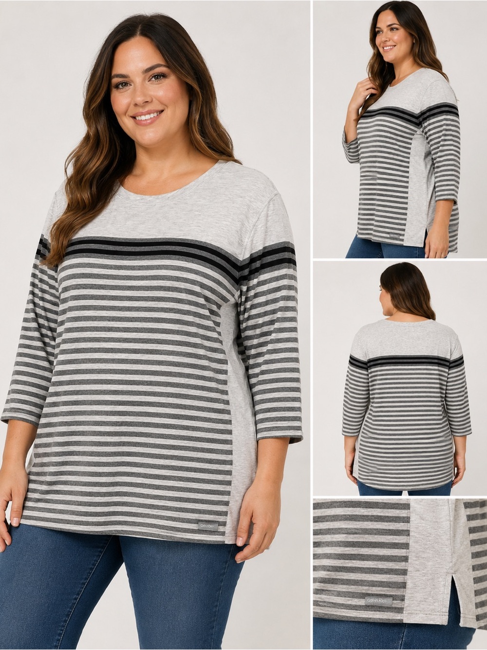 Calvin Klein Performance Womens XL Striped Long Sleeve Top Gray White NWT